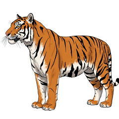 Obraz premium Majestic Tiger Portrait: A detailed illustration of a regal tiger standing in profile, showcasing its striking orange and black stripes.