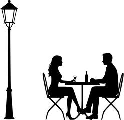 Couple at small table under streetlight black silhouette with transparency