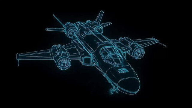 Futuristic aircraft blueprint illustration showcasing design features and technical details