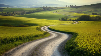 Naklejka premium Winding dirt road curves through sunlit green fields and rolling hills under a hazy sky.