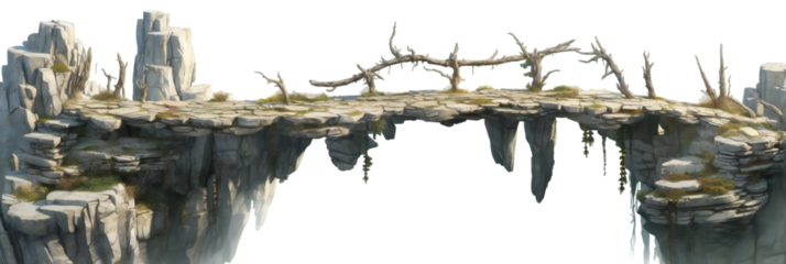 A weathered stone bridge arches across a chasm, blending natural rock formations with ancient architectural design on a transparent background