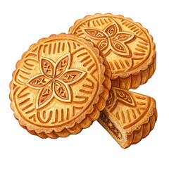Golden brown mooncakes with traditional pattern stacked for festive treat