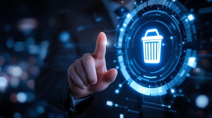 Data deletion concept with finger touching digital trash icon for information management system