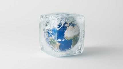Globe inside melting ice cube on white background -climate change symbol