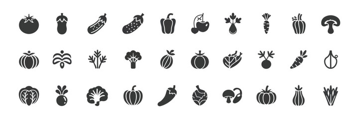 Vegetable Icon Set with Transparent Background, Glyph Style, Food Ingredient Collection