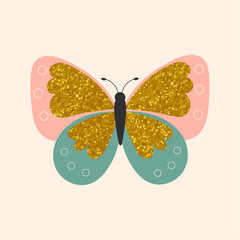Butterfly with golden glitter texture. Vector illustration of insect in flat style. Elegant golden bug for decorative spring and summer projects.