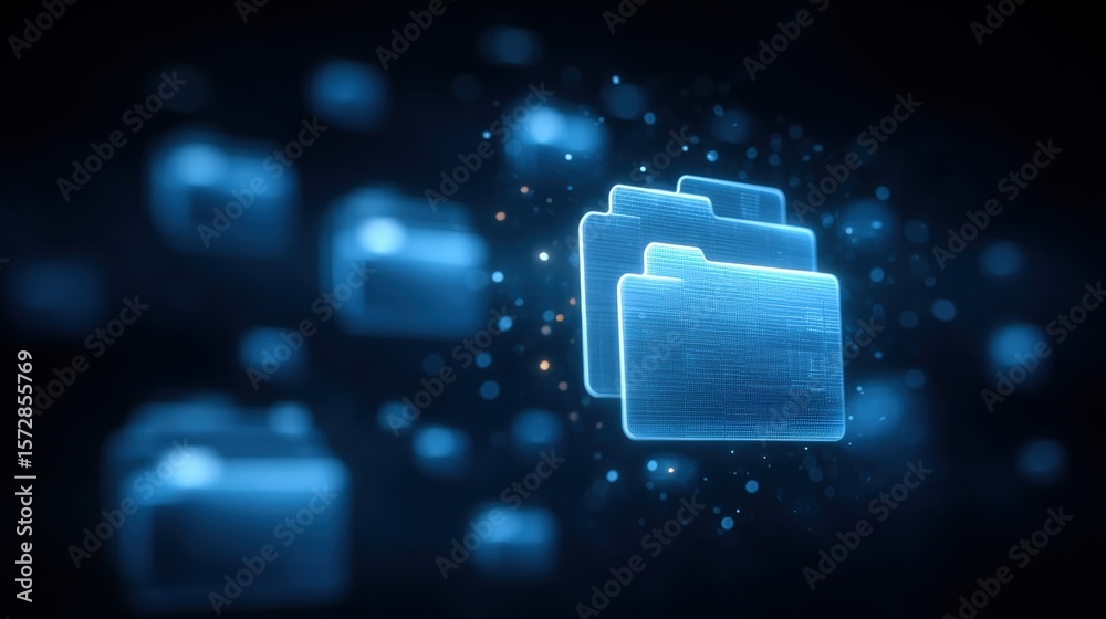 Poster abstract network grid with files and folders, futuristic software interface, digital document manage