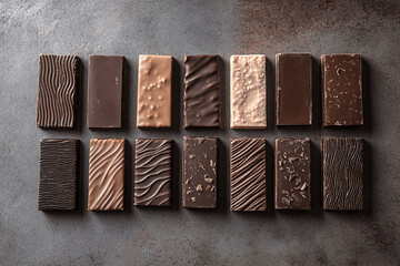 Assorted chocolate bars arranged in rectangular shape, top view food background