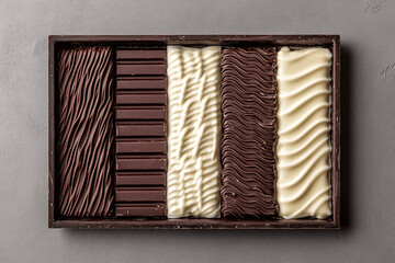 Assorted chocolate bars arranged in rectangular shape, top view food background
