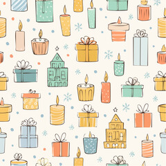 Seamless vector pattern with contemporary minimalist line art christmas holidays elements. Hand drawn candles, decorations, gifts, drinks doodles on wide background. Coquette ink winter banner