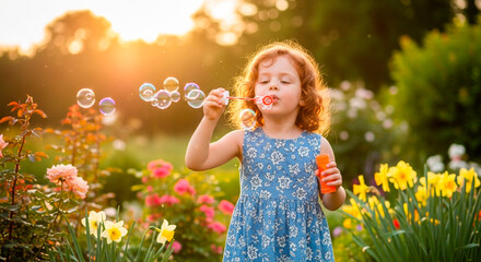 Girl Blowing Bubbles in a Garden on a Sunny Day