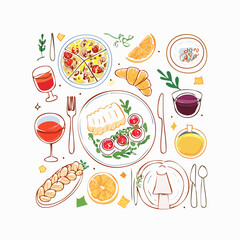 Contemporary minimalist line art illustrations for dinner party event. Hand drawn food, candles, drinks and decor doodles. Coquette ink menu design. Vector graphic