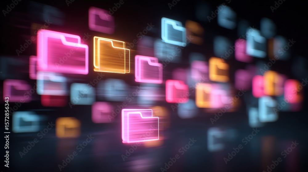 Poster abstract network grid with files and folders, futuristic software interface, digital document manage