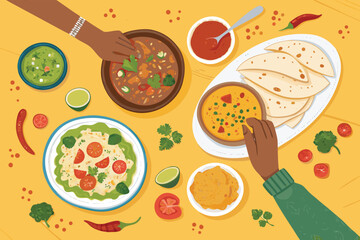 A top-down vector illustration showing a table scene with a couple's hands interacting with various objects.