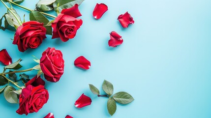 Fototapeta premium A beautiful flowers composition featuring rose flowers placed on a blue background. The vibrant red petals of the roses stand out vividly against the calm and soothing blue backdrop. The roses are arr