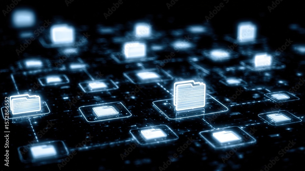 Poster abstract network grid with files and folders, futuristic software interface, digital document manage