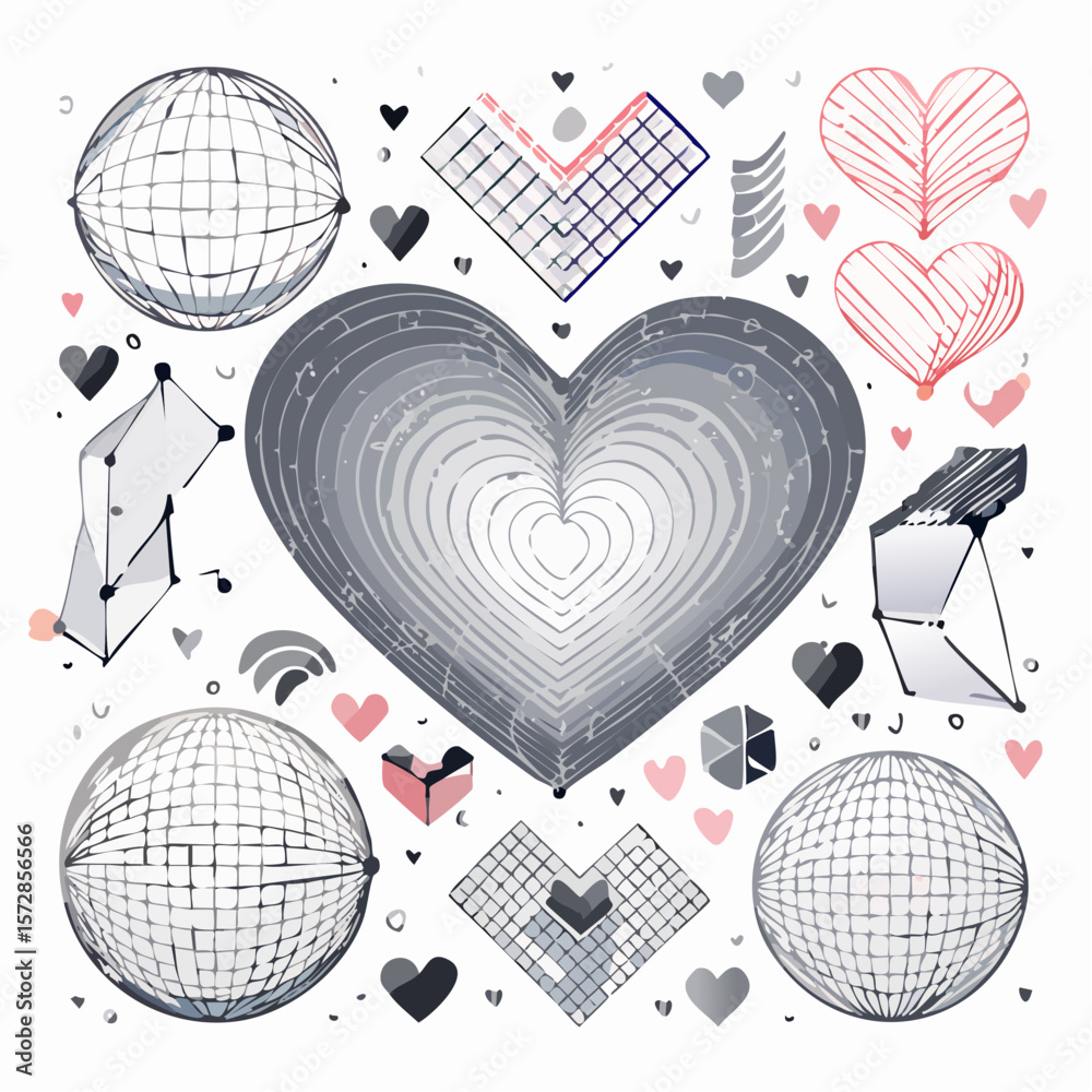 Fototapete Vector set of retro futuristic shapes, icons and grids in black color. Geometric wireframe elements, 3d hearts and abstract waves. Trendy y2k rave design. Cyberpunk poster collection