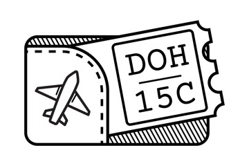 Illustration vector of a boarding pass and airplane symbol. Minimalist black and white sketch featuring flight seat number and destination Ideal for travel, aviation, tourism, adventure