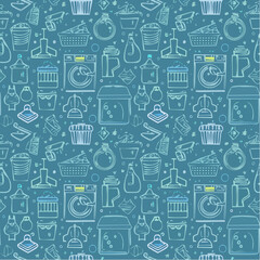 Seamless vector banner with outline cleaning icons. Background with hand drawn house work elements. Laundry sketch pattern. Home routine doodle ...