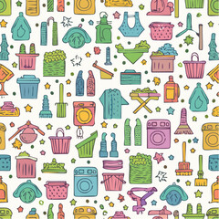 Seamless vector banner with outline cleaning icons. Background with hand drawn house work elements. Laundry sketch pattern. Home routine doodle ...