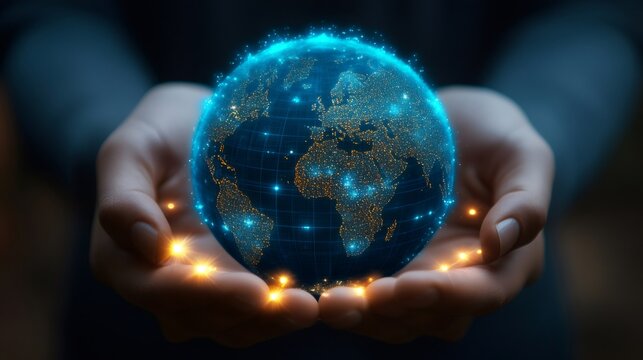 Businessman holding glowing digital world globe in his hands