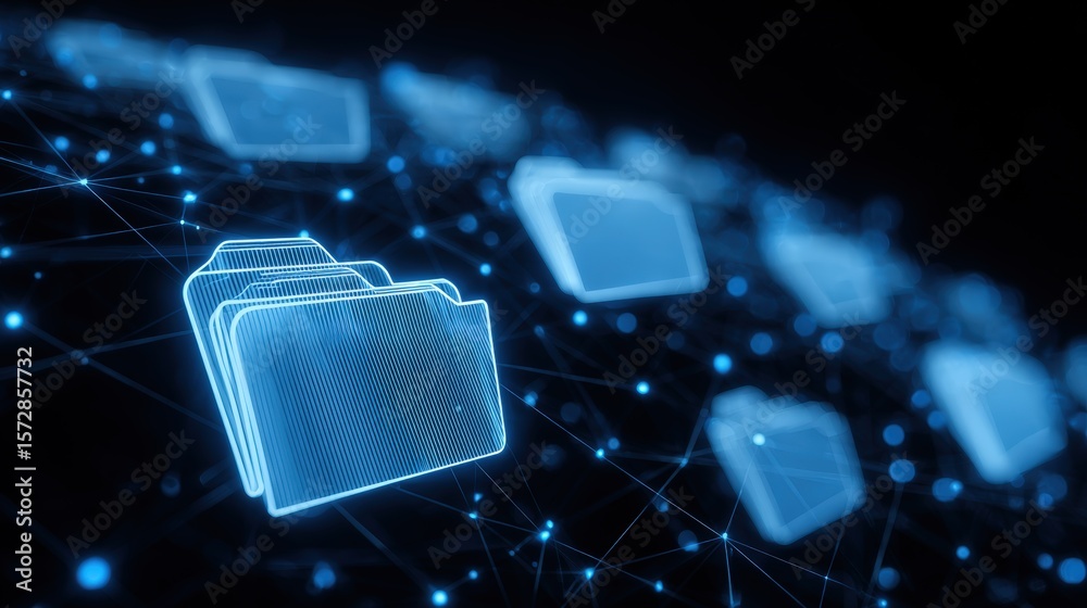 Poster abstract network grid with files and folders, futuristic software interface, digital document manage