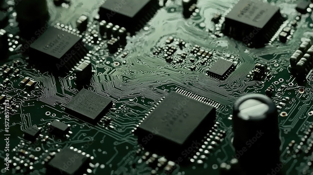 Poster exploring advanced circuitry design electronics lab image focus dark environment macro view technolo