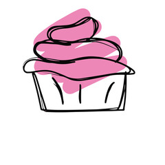 colored doodle of cupcake. Pink light cupcake icon. Adorable, colorful, and cute doodle. Simple icon. Single doodle icon. Hand drawn cupcake
