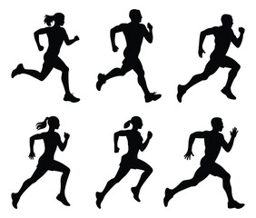 Group of diverse runners in action silhouette isolated on white background