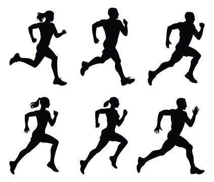Group of diverse runners in action silhouette isolated on white background