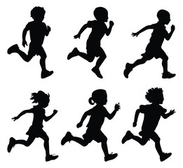 Diverse group of children running in silhouette isolated on white background