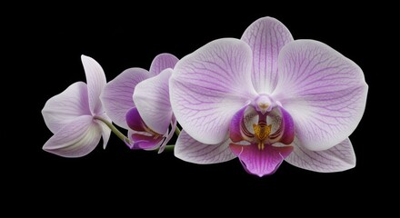 Close-up showcase of delicate phalaenopsis orchid blossoms with soft purple hues against a stark