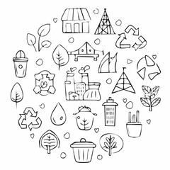 Vector set of simple ecology doodles. Alternative energy, nature protection, zero waste concept, trash recycle, green technology illustrated in child sketch style. Cute outline eco ...