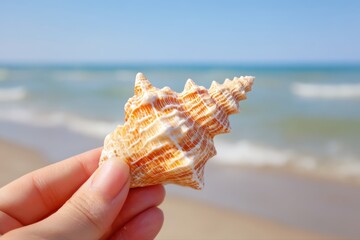 A close-up view of a hand delicately holding a detailed seashell, showcasing the intricate patterns and textures of the shell.