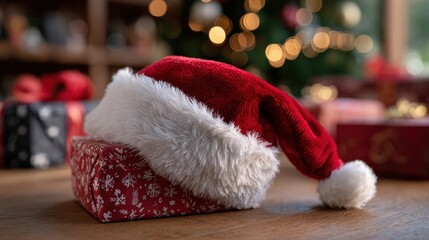Red and white festive hat on wooden table surrounded by wrapped gift boxes in soft daylight.