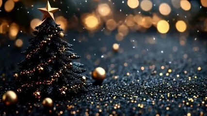 Greeting card with christmas tree. Shiny Christmas-tree decorations, balls, stars and snowflakes on a dark background. Merry Christmas and Happy New Year. - Powered by Adobe