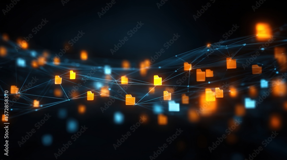 Poster abstract network grid with files and folders, futuristic software interface, digital document manage
