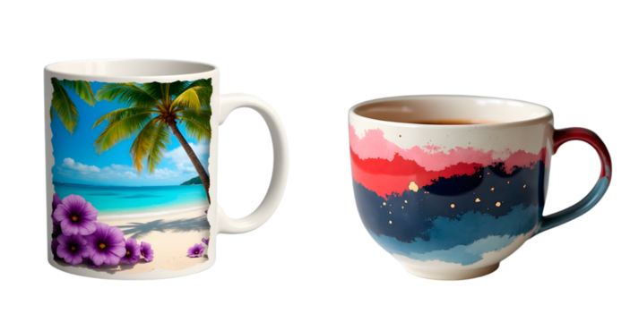 Set.Artistic coffee mugs with beach and abstract designs and copy space
