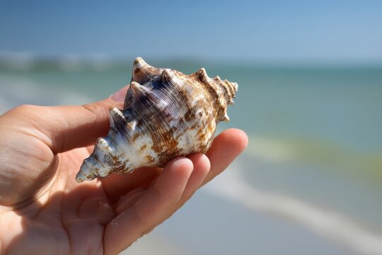 A close-up of a hand holding a detailed seashell on a sandy beach. The person is admiring the shell's intricate patterns and textures.