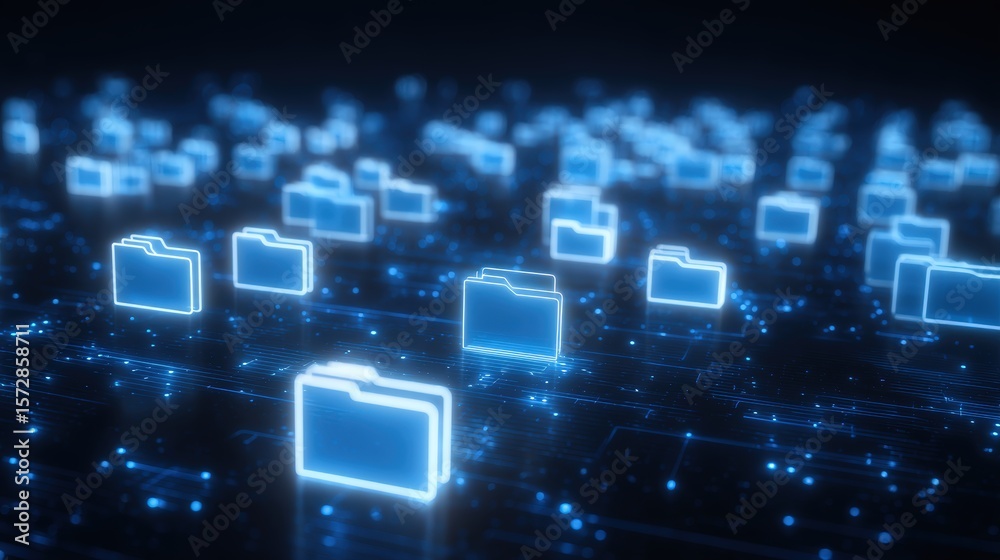 Poster abstract network grid with files and folders, futuristic software interface, digital document manage