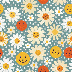 Seamless vector pattern with colorful groovy flowers and smiling faces. 70s, 80s, 90s vibes plaid background. Abstract daisy and camomile emoji on squares. Vintage nostalgia ...