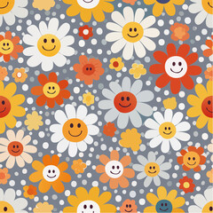 Seamless vector pattern with colorful groovy flowers and smiling faces. 70s, 80s, 90s vibes plaid background. Abstract daisy and camomile emoji on squares. Vintage nostalgia ...