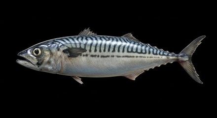 Isolated Mackerel Fish Illustrating Marine Life on Black Background Studio Shot