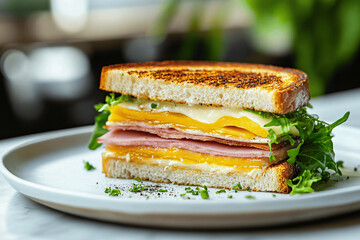 Triangular sandwich with ham, cheese, and lettuce on a plate, clean close-up food photography with bright natural lighting