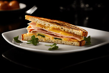 Triangular sandwich with ham, cheese, and lettuce on a plate, clean close-up food photography with bright natural lighting