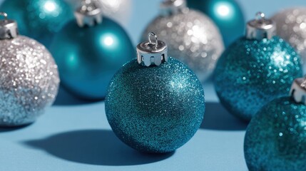 Shiny blue and silver Christmas ornaments scattered on a smooth blue surface with reflective highlights.
