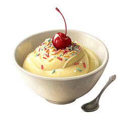 Creamy vanilla ice cream in bowl with cherry topping and sprinkles