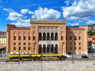 Sarajevo City Hall Yellow Tram and Vibrant Architectural Detail