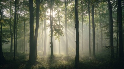 Obraz premium Enchanting Sunlight Filtering Through the Dense Forest Canopy