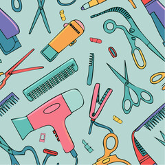 Seamless vector banner with outline hairdresser tools. Hand drawn barber equipment background. Hair dryer, curling and flat iron, scissors, comb, brush in freehand style. Beauty ...